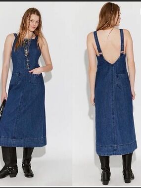 Free People Dark Blue Denim Pinafore Maxi Dress